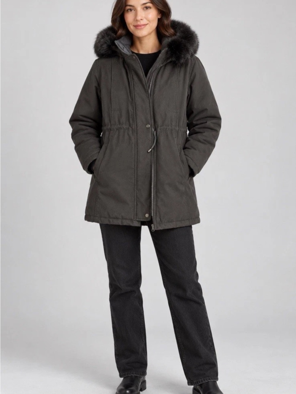 Women's Hooded Puffer Parka with Fox fur Trim - Dark Olive
